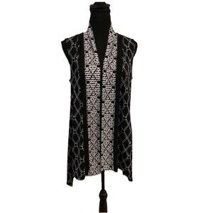 Chicos Travelers Size 0 Womens Small Open Vest Black White Sleeveless Cardigan